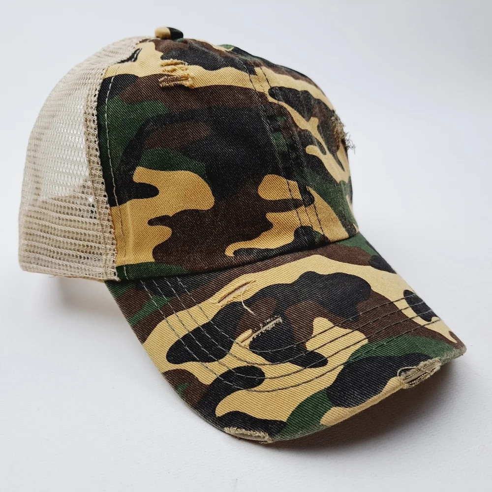 Camouflage Ponytail Criss-cross Mesh Trucker Women's Cap Hat Distressed